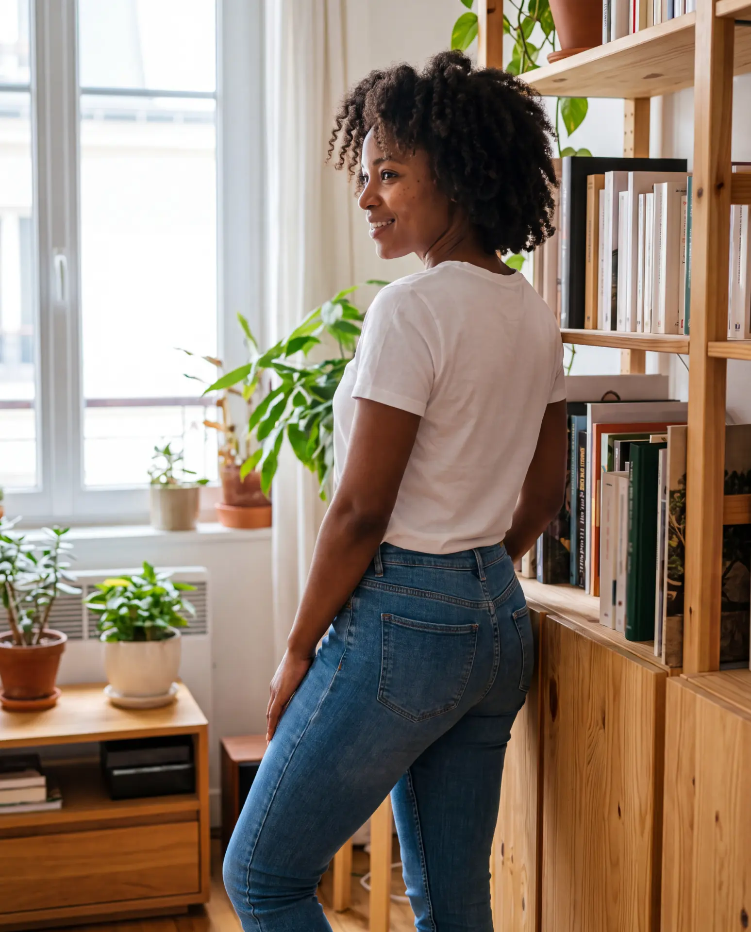 Vrouw staat in een goed zittende jeans en wit t-shirt naast een boekenkast vol planten